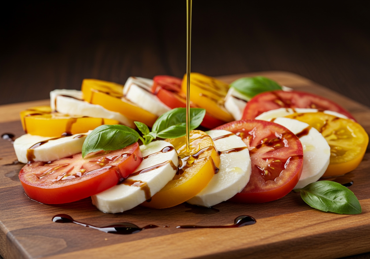 A beautiful presentation of Caprese using heirloom tomatoes of various colors, torn fresh mozzarella, and large basil leaves, drizzled with olive oil and balsamic glaze.
