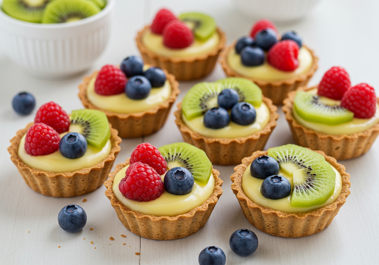 A beautiful presentation of mini fruit tarts filled with healthy custard, topped with colorful fresh berries and kiwi slices. The crusts are made from whole wheat, and the scene is bright and appetizing.