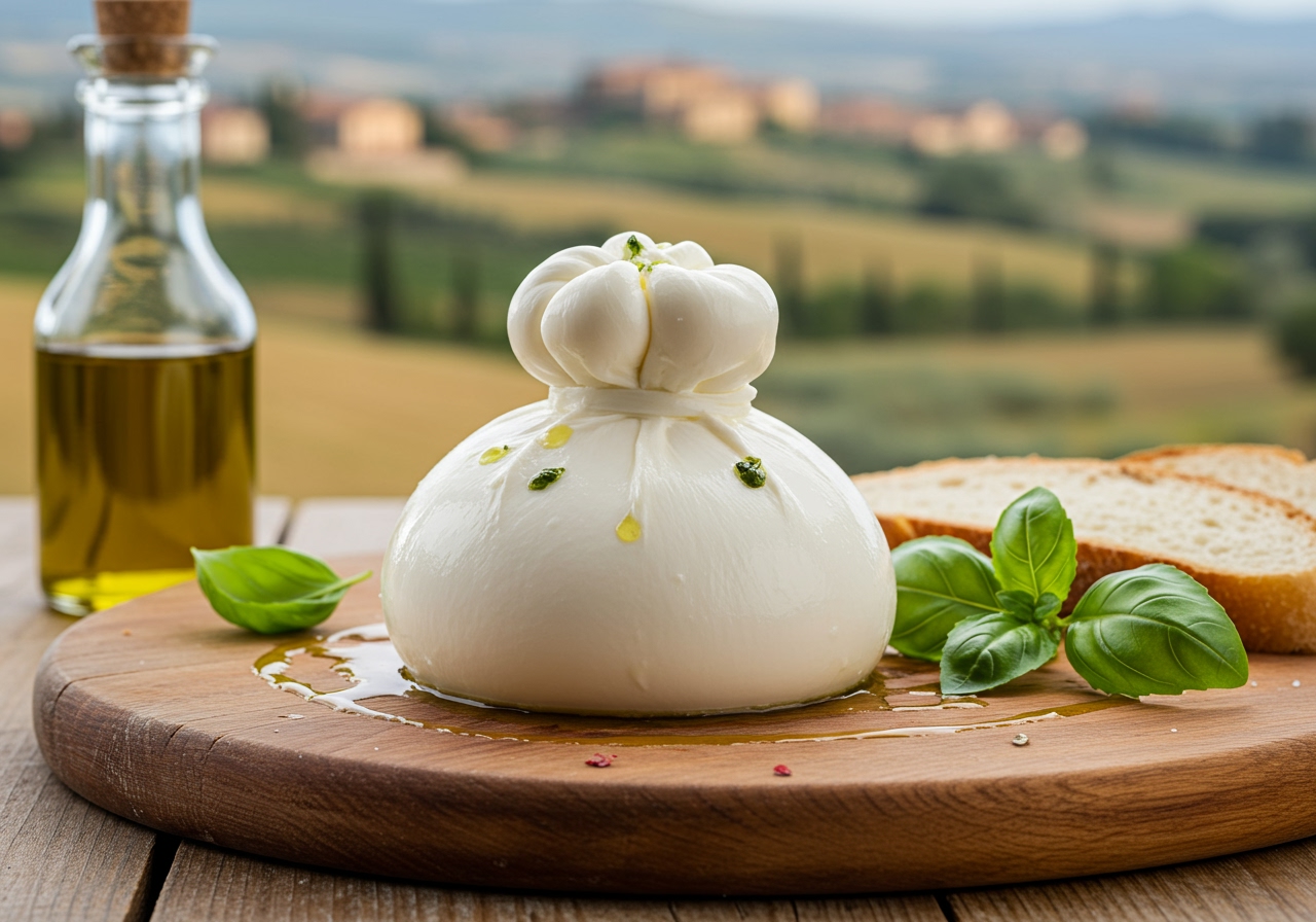 A beautiful, pristine whole burrata cheese ball on a rustic wooden board, garnished with fresh basil and a drizzle of olive oil, with a soft-focus background of Italian countryside.