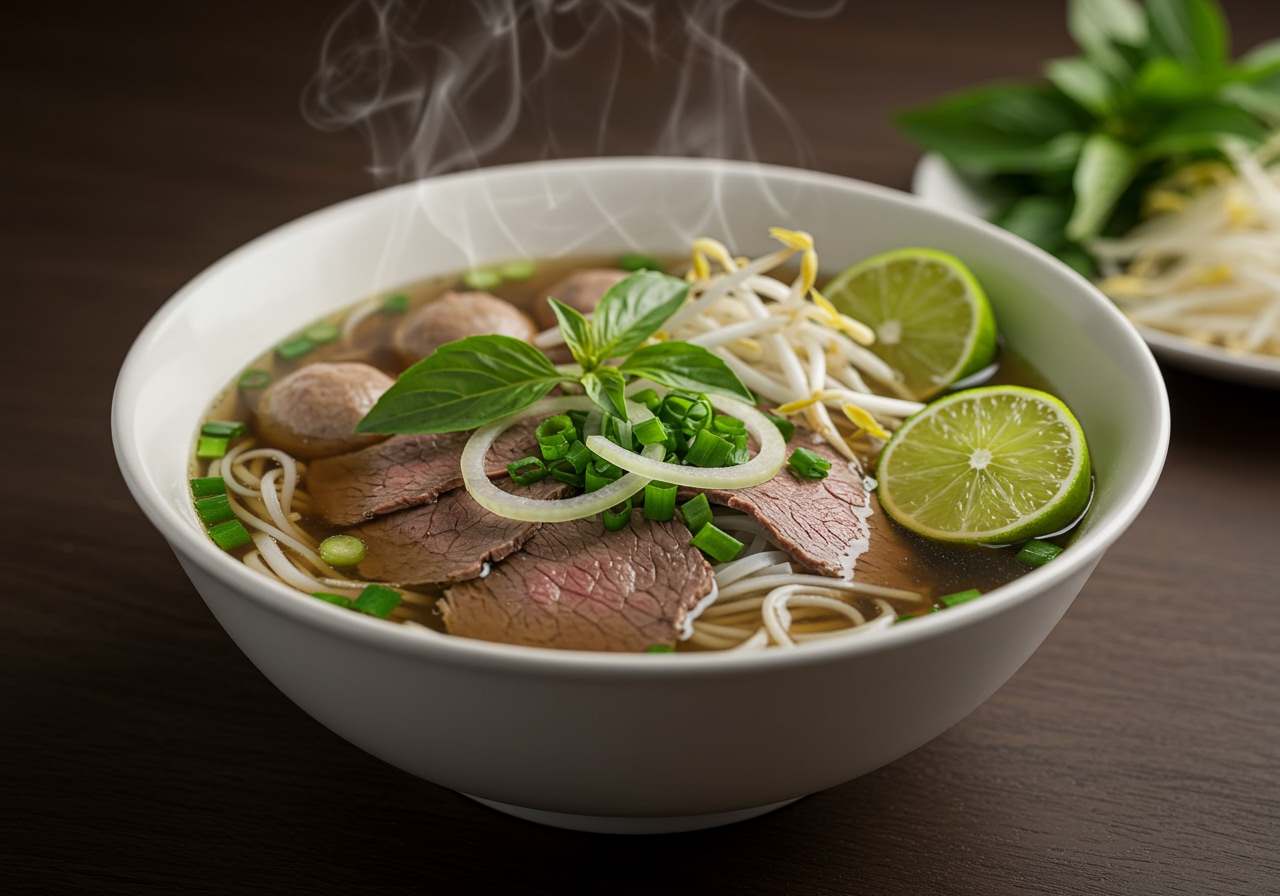 A beautiful, ready-to-eat bowl of Vietnamese Beef Pho, showing the noodles, sliced beef, various herbs, lime, and hot broth poured over.