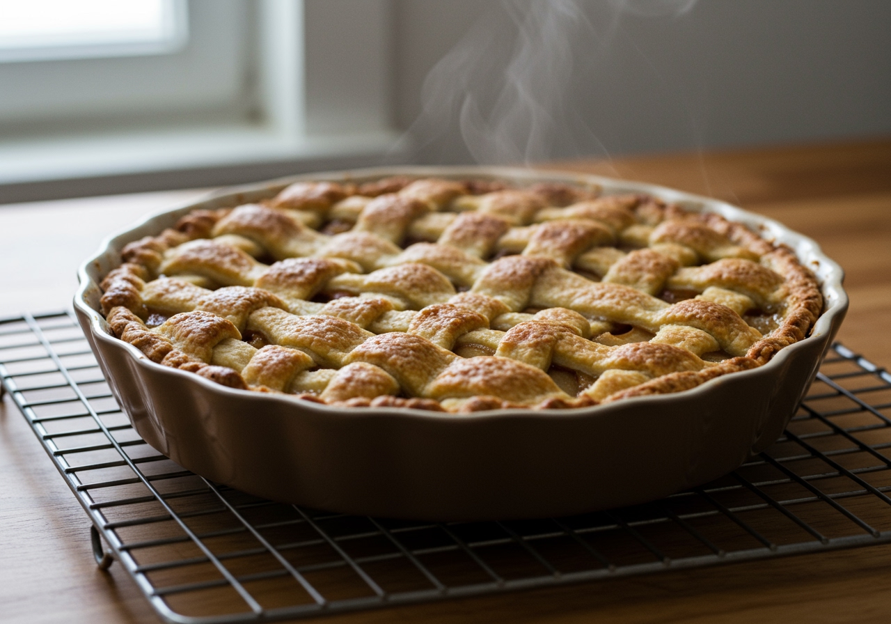 A beautiful, rustic healthy pear pie cooling on a wire rack, with steam gently rising from the lattice top. The pie dish is ceramic, and the background is a bright, airy kitchen.