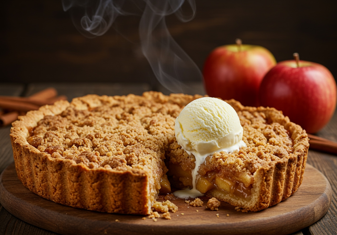 A beautiful, rustic shot of a freshly baked apple crumble pie on a wooden table, steam gently rising, with a scoop of vanilla ice cream melting on top. Golden-brown crumble topping with a hint of cinnamon visible.