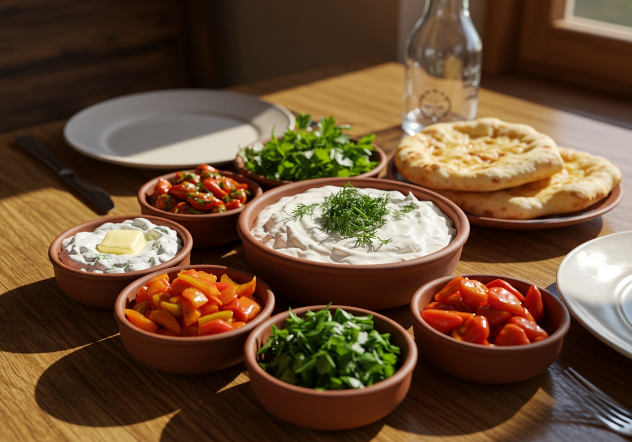 A beautiful, rustic table setting with various small plates of Caucasian meze, including a bowl of creamy matsoni, fresh herbs, pickled vegetables, and warm lavash bread.