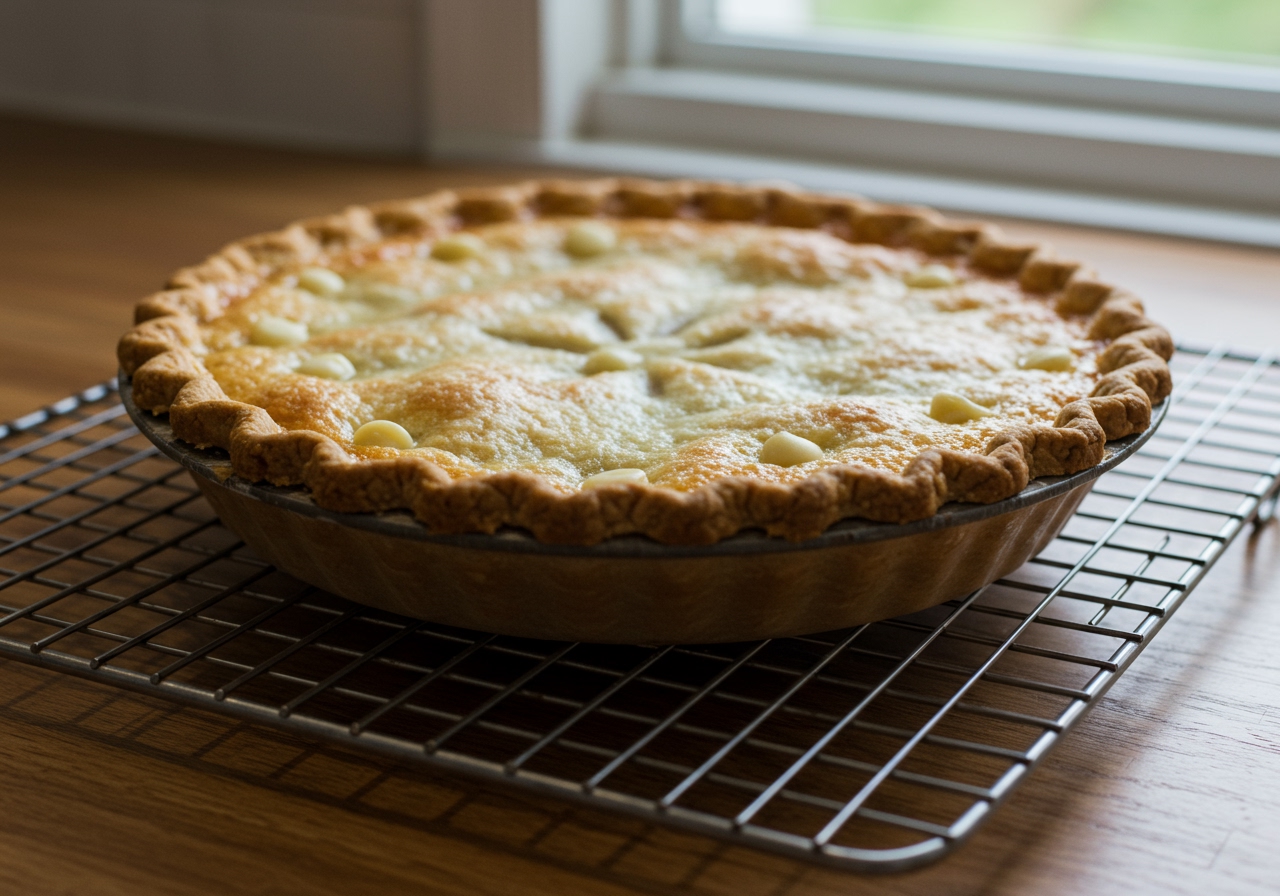 A beautiful, rustic white chocolate chip buttermilk pie cooling on a wire rack, with some melted white chocolate visible on top and a golden-brown crust. Soft, warm lighting from a kitchen window.