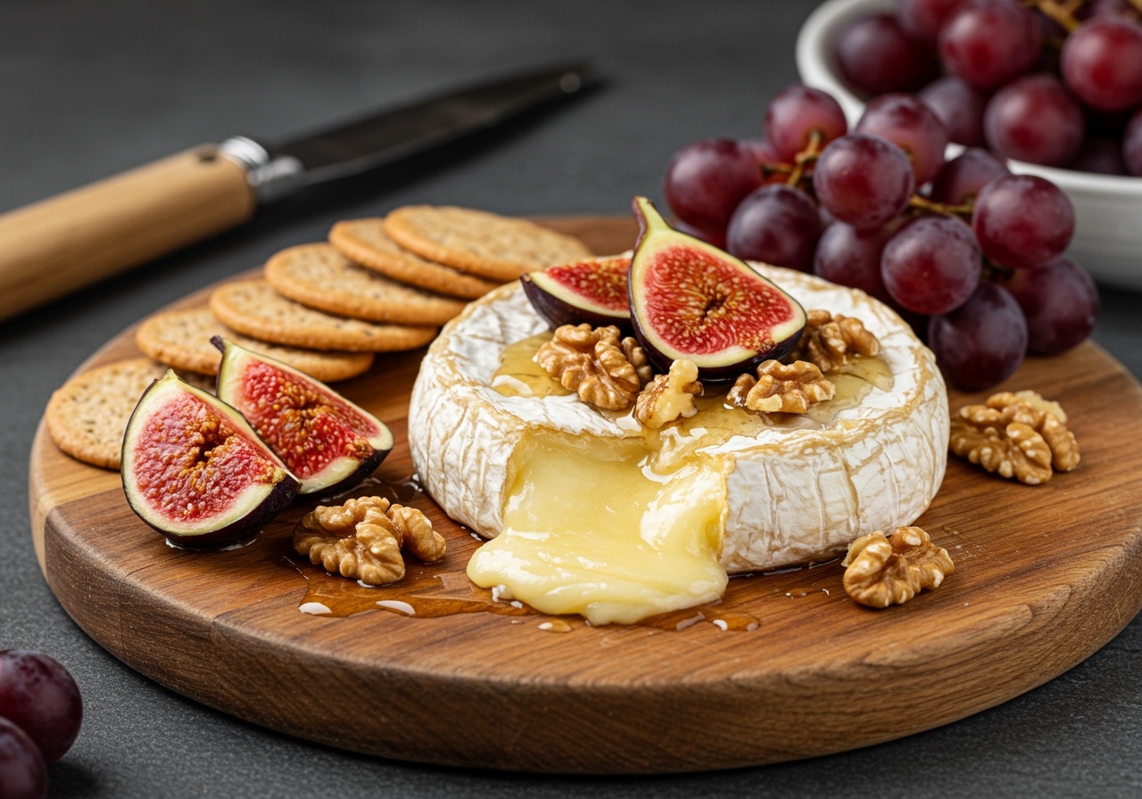 A beautiful, rustic wooden board featuring a perfectly baked brie cheese, topped with honey, walnuts, and fresh figs. The cheese is golden brown and slightly oozing. Served with artisan crackers and a small bunch of grapes. Soft, warm lighting.