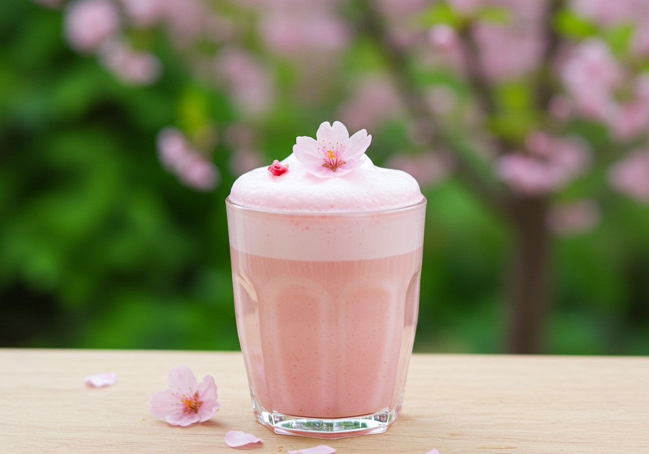A beautiful Sakura Blossom Latte with delicate pink foam art and a few edible cherry blossom petals on top, set against a soft focus background of spring foliage.