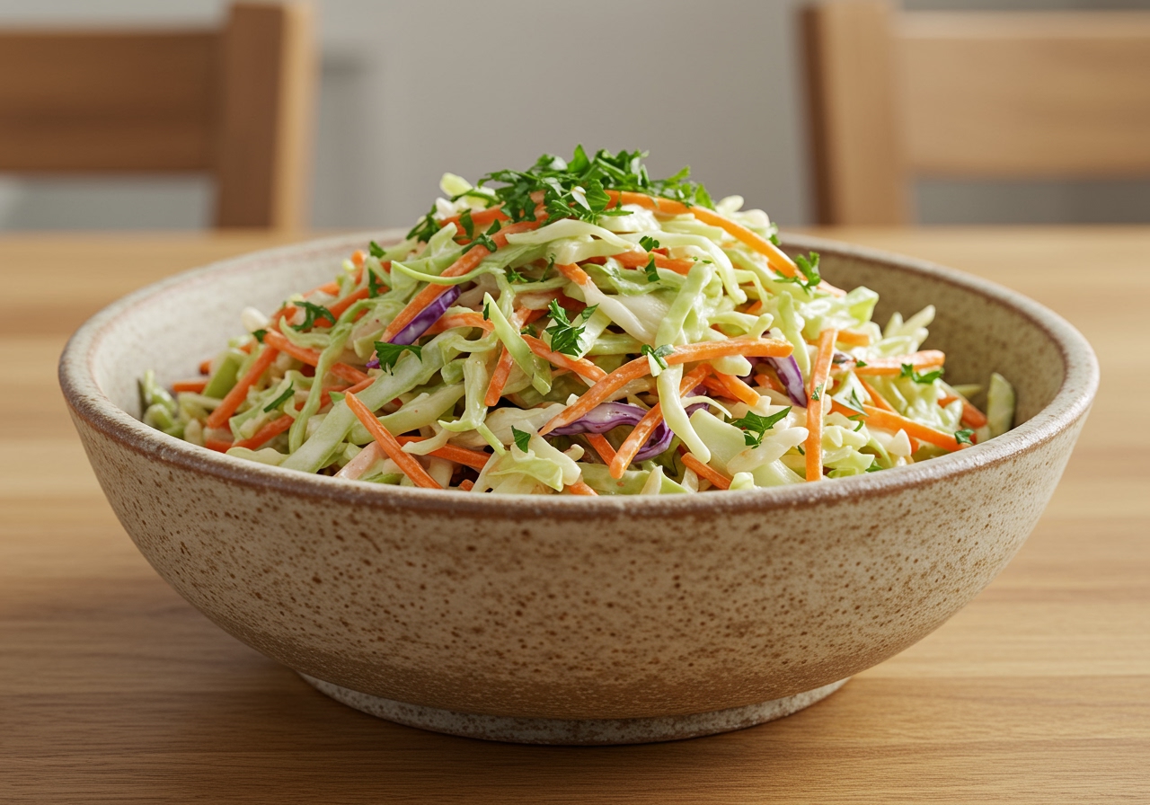 A beautiful serving bowl of Papa Joe's style healthy coleslaw, garnished with fresh parsley, ready to be served.