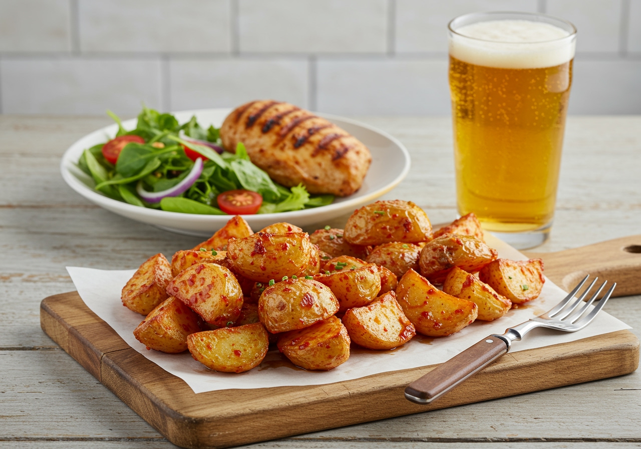A beautiful serving of gochujang roasted potatoes on a rustic wooden board, alongside a grilled chicken breast, a fresh green salad, and a glass of cold beer in a bright, inviting kitchen setting.