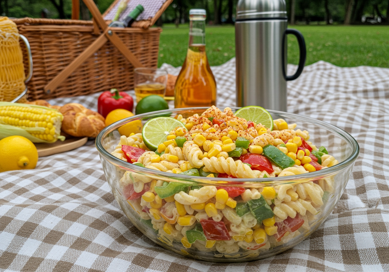 A beautiful serving of summer street corn pasta salad in a clear glass bowl, garnished with a sprinkle of chili powder and fresh lime slices, ready for a picnic.