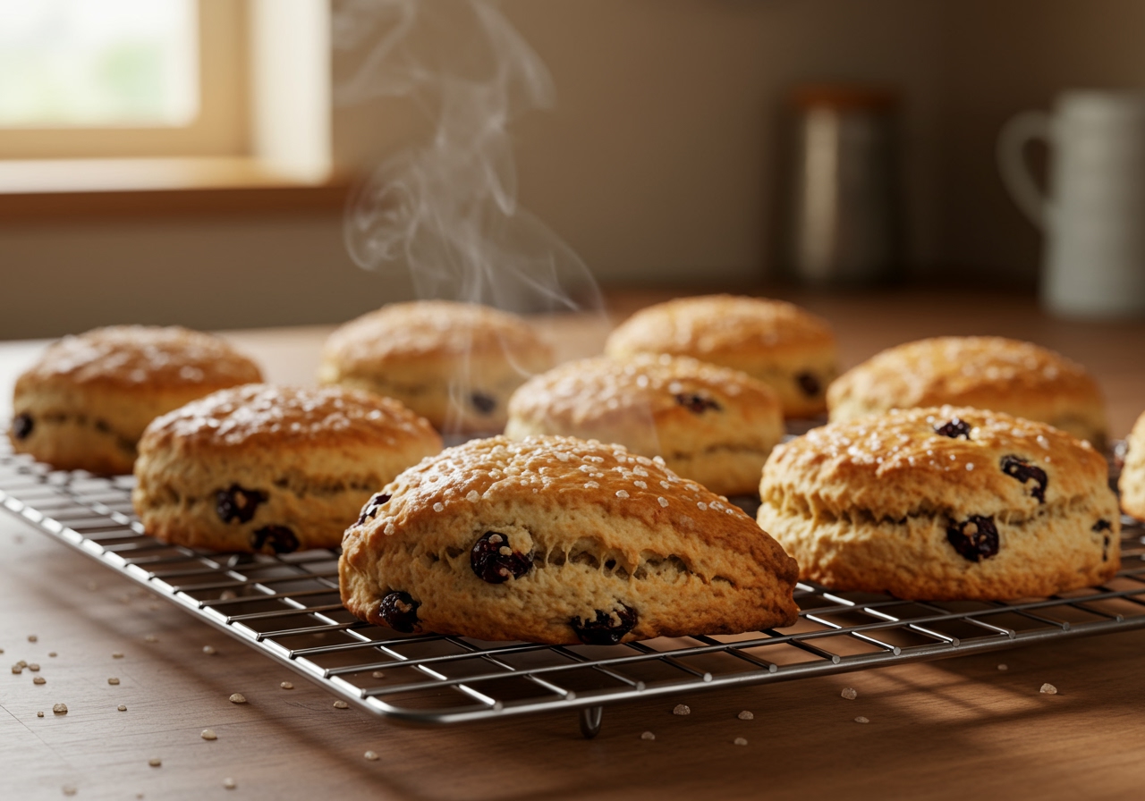 A beautiful shot of freshly baked currant scones on a cooling rack, steam gently rising, in a warm, natural light setting.