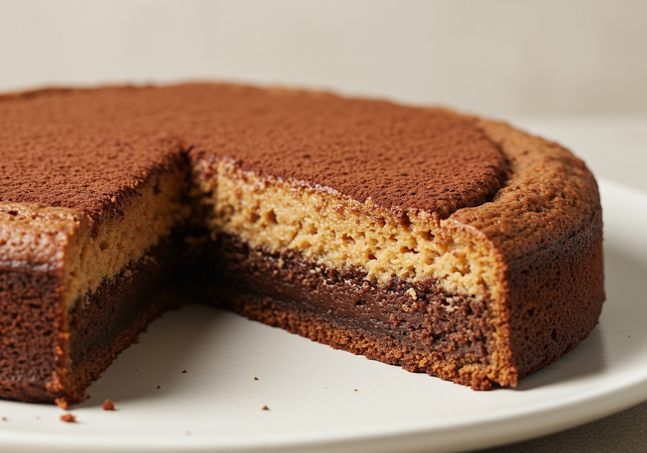 A beautiful slice of healthy peanut butter and chocolate cake base, showing the texture, perhaps without frosting yet, on a nice plate.