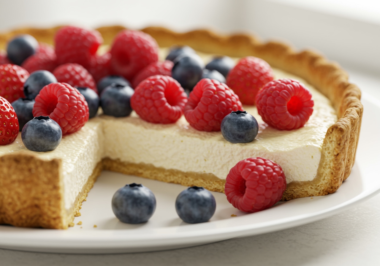 A beautiful slice of healthy ricotta tart on a plate, showing the creamy filling and golden crust, garnished with fresh berries.