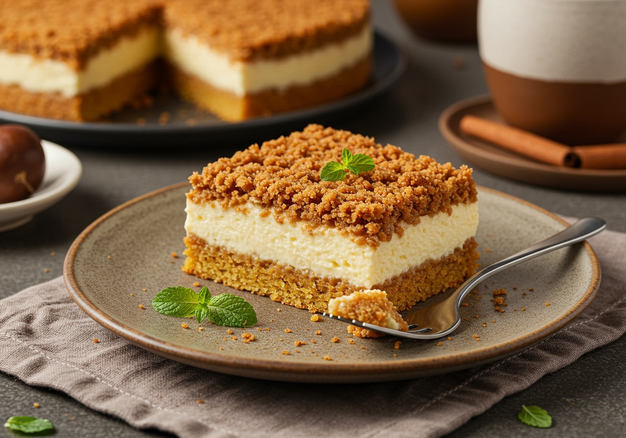 A beautiful slice of Kabocha Crunch Pudding Cake on a rustic plate, with a creamy pudding layer, a golden cake base, and a crispy, textured top, garnished with a sprinkle of cinnamon and a small sprig of mint. Warm, inviting lighting.