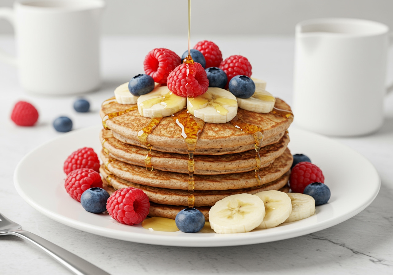A beautiful stack of healthy whole wheat pancakes, topped with a colorful assortment of fresh berries, sliced bananas, and a drizzle of honey, served on a white ceramic plate.