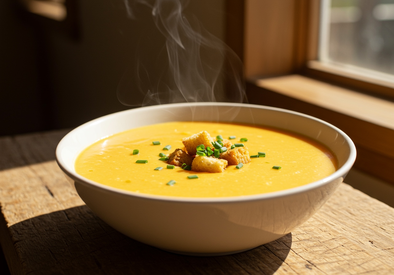 A beautiful, steaming bowl of golden beer cheese soup, garnished with fresh chives and a few crunchy croutons, set on a rustic wooden table.