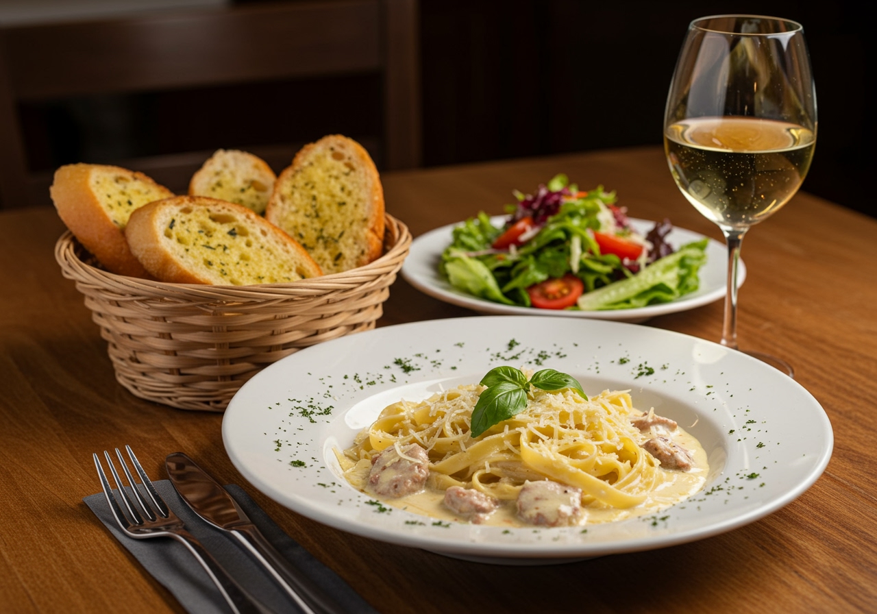 A beautiful table setting with a plate of fettuccine Alfredo, a basket of garlic bread, and a side salad, with a glass of white wine.