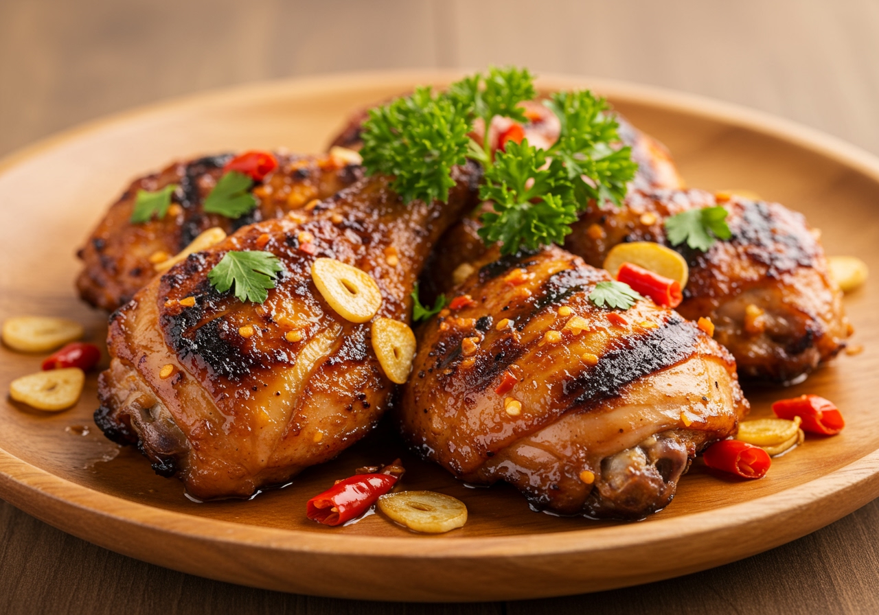 A beautiful top-down shot of the final grilled garlic chili chicken dish, garnished with fresh parsley, ready to be eaten.