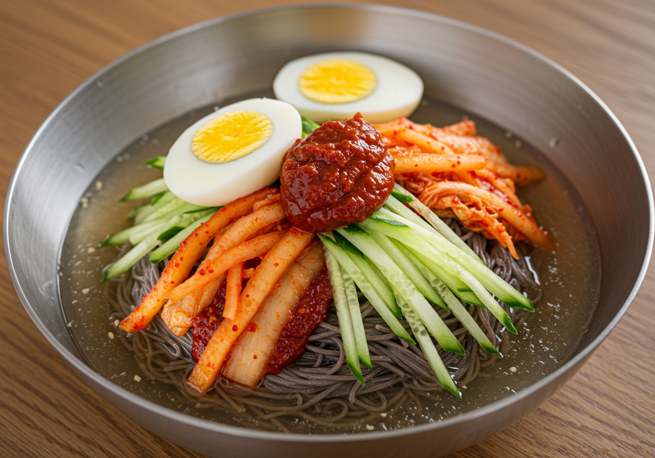A beautiful, vibrant bowl of Korean Bibim Naengmyeon before mixing, showing the colorful toppings like julienned cucumber, radish kimchi, half a boiled egg, and slices of meat (optional) on top of thin, dark noodles, with a dollop of red spicy sauce (bibim-jang) in the center.