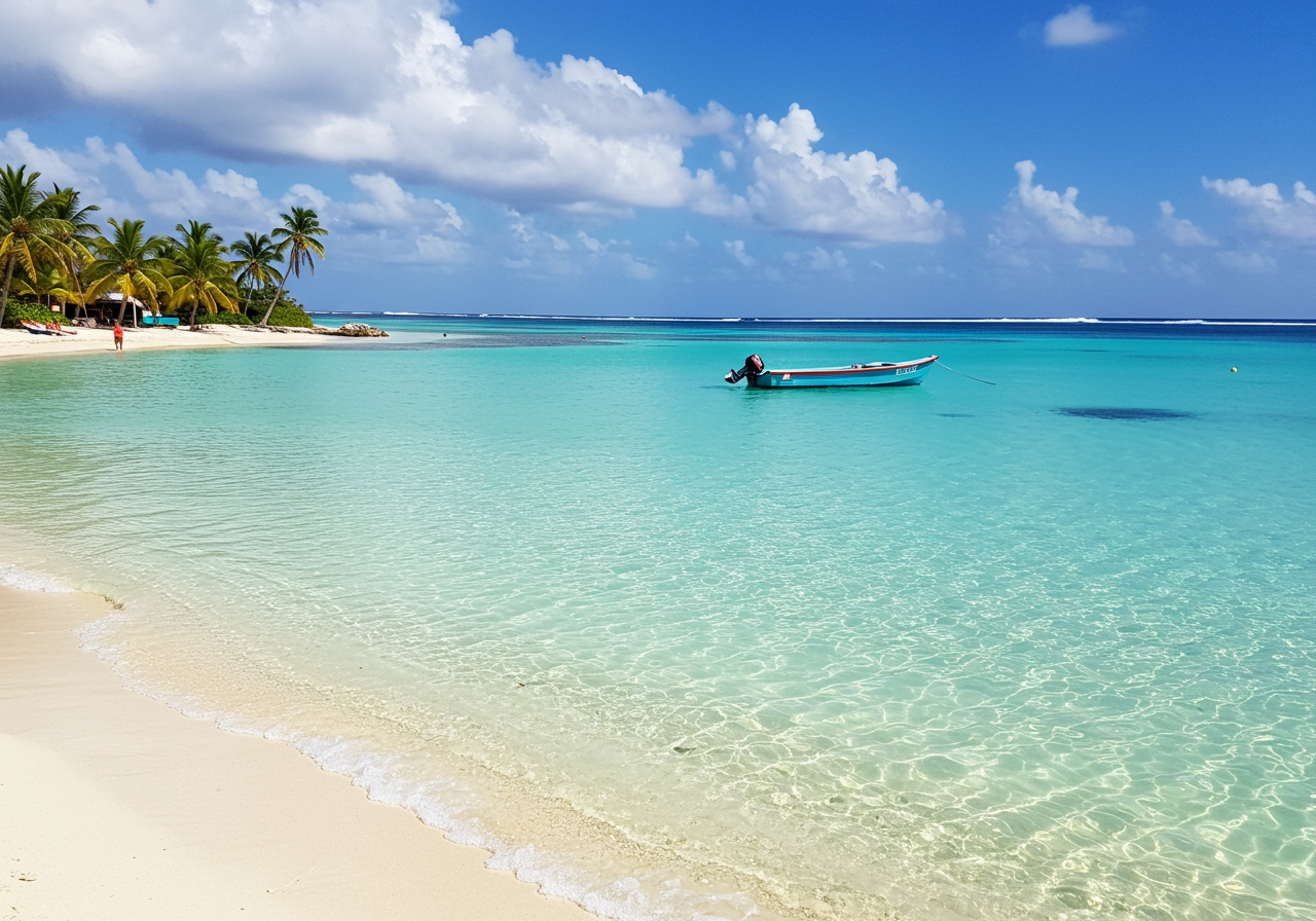A beautiful, vibrant Caribbean beach scene with clear turquoise waters, white sand, and palm trees. In the foreground, a small, traditional fishing boat is visible. The atmosphere is warm and inviting, evoking a sense of fiesta.