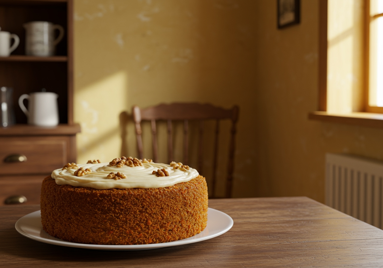 A beautiful whole carrot cake, simply decorated with cream cheese frosting and perhaps some chopped nuts, sitting on a table in a cozy, warm-toned kitchen