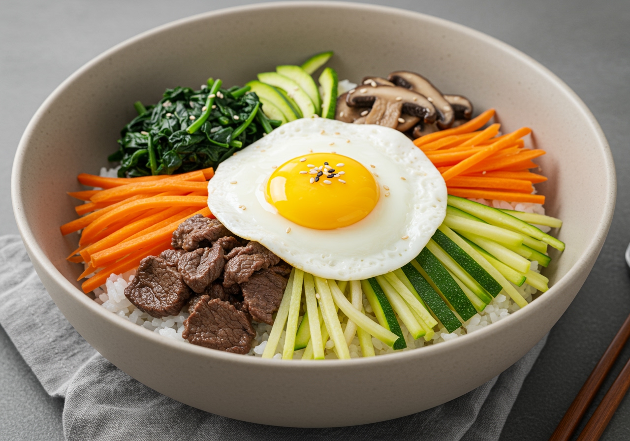 A beautifully arranged bibimbap bowl with various colorful ingredients (spinach, carrots, zucchini, mushrooms, beef, fried egg) neatly separated on top of white rice in a traditional Korean bowl before mixing.