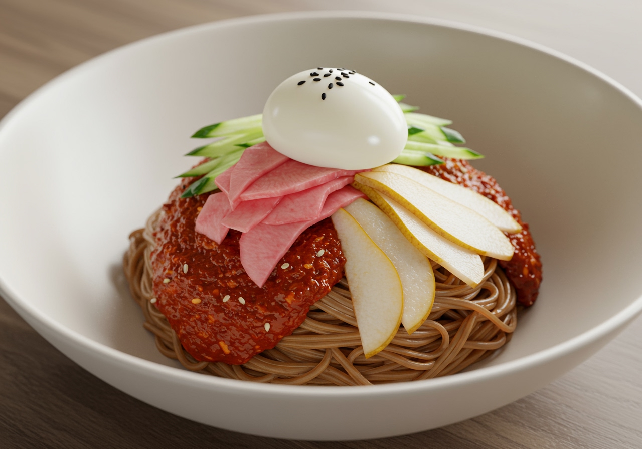 A beautifully arranged bowl of Bibim Naengmyeon, showing the spicy red sauce coating the noodles, mixed with vibrant toppings like cucumber, pickled radish, pear, and a boiled egg.
