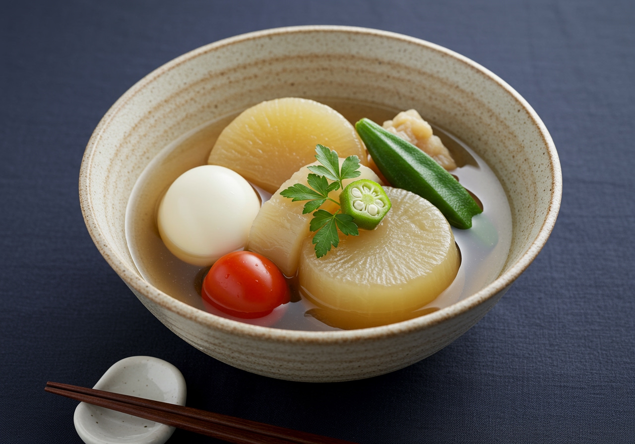 A beautifully arranged bowl of chilled oden (冷やしおでん) with clear, cool broth, featuring ingredients like daikon, egg, konnyaku, and some colorful summer vegetables like tomato or okra. The image should evoke a sense of freshness and coolness.