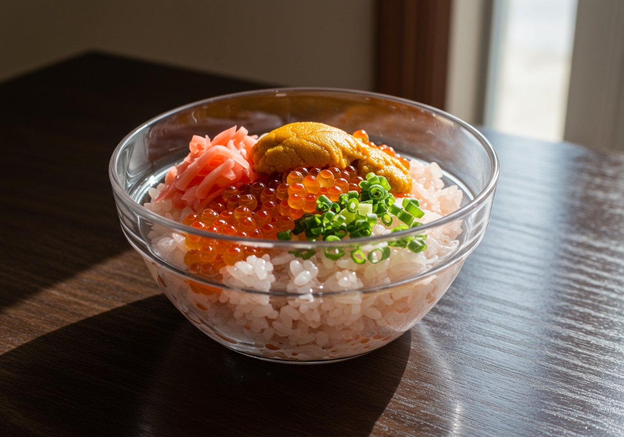 A beautifully arranged bowl of cold chazuke with varied colorful toppings in a clear glass bowl, looking refreshing.