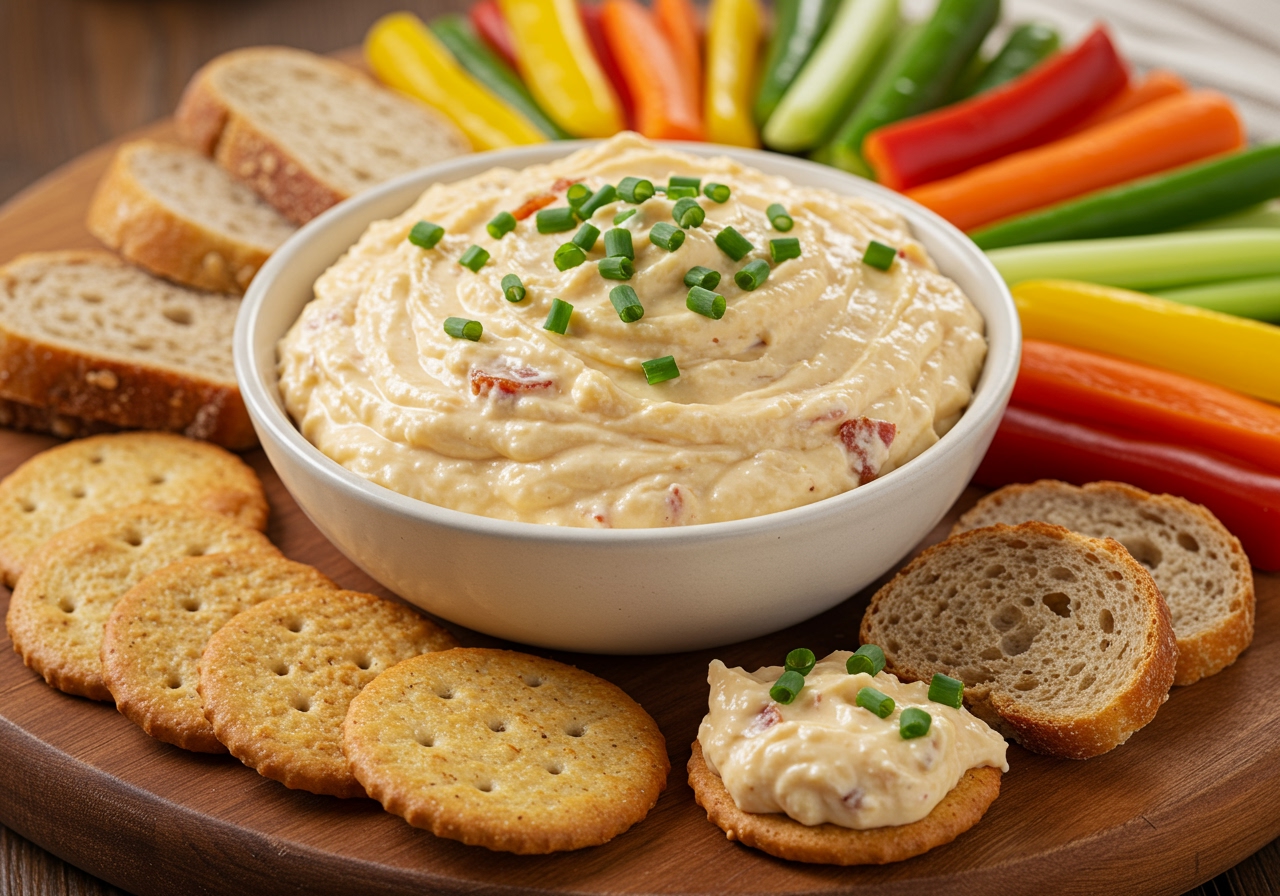 A beautifully arranged bowl of creamy bacon and onion cheese spread, garnished with chives, served with various dippers like crackers, bread, and vegetable sticks on a rustic wooden board.