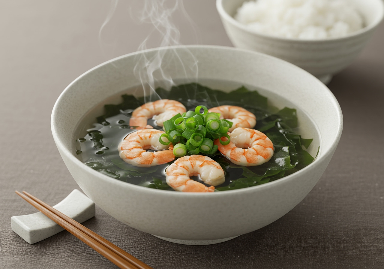 A beautifully arranged bowl of 에비とわかめのヘルシー味噌スープ with vibrant green onions on top, possibly with chopsticks and a rice bowl nearby.