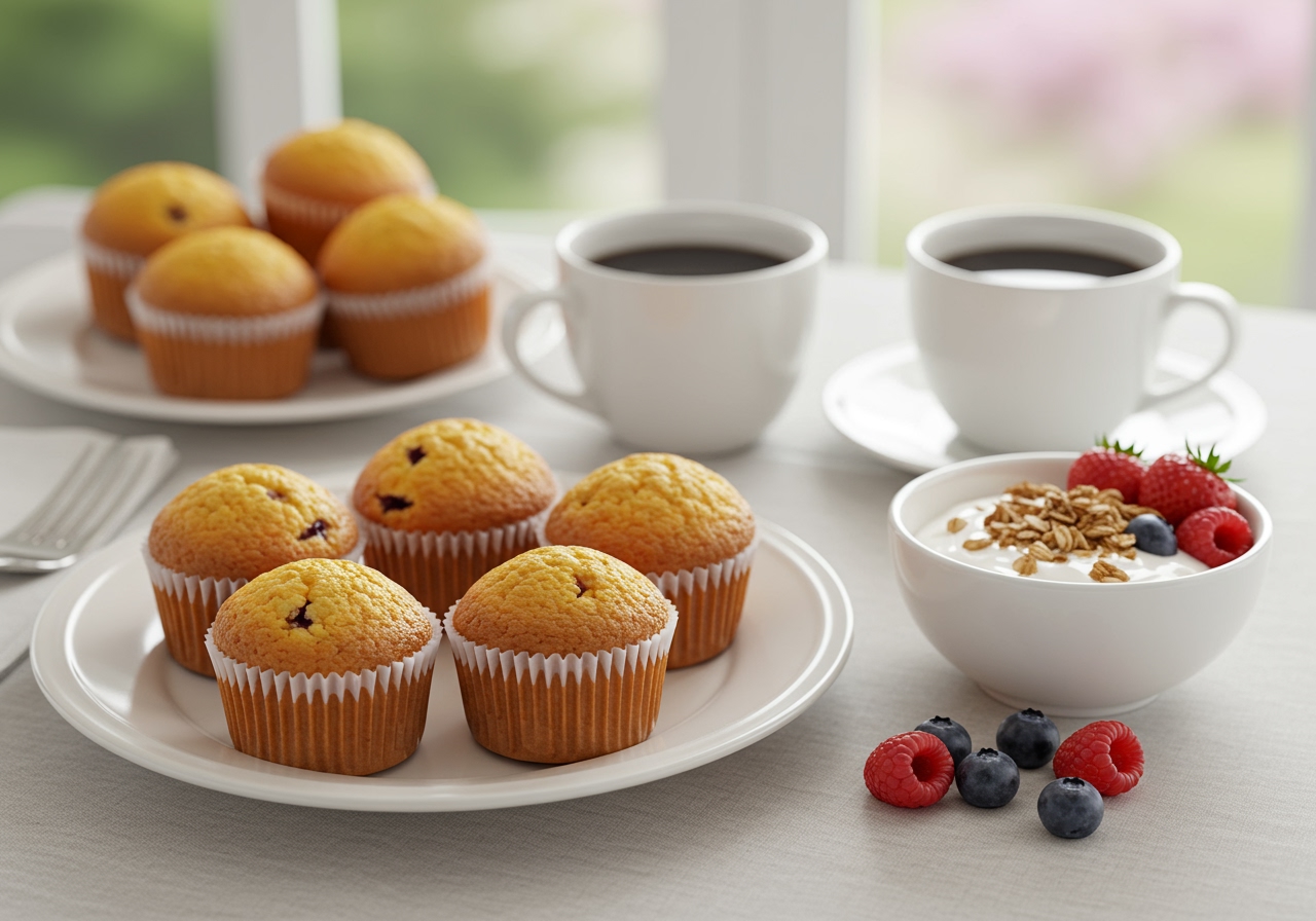A beautifully arranged breakfast table with an assortment of seasonal fruit muffins, a cup of coffee, a small bowl of yogurt with granola, and fresh berries, bathed in soft morning light.