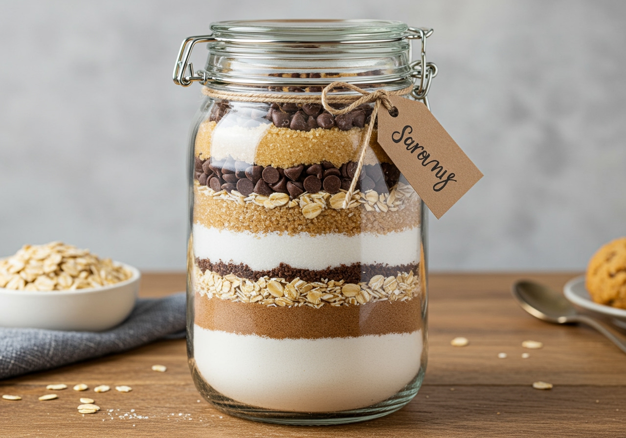 A beautifully arranged clear glass jar filled with layers of dry cookie mix ingredients, such as flour, sugar, chocolate chips, and oats. A handwritten label is tied around the neck of the jar.