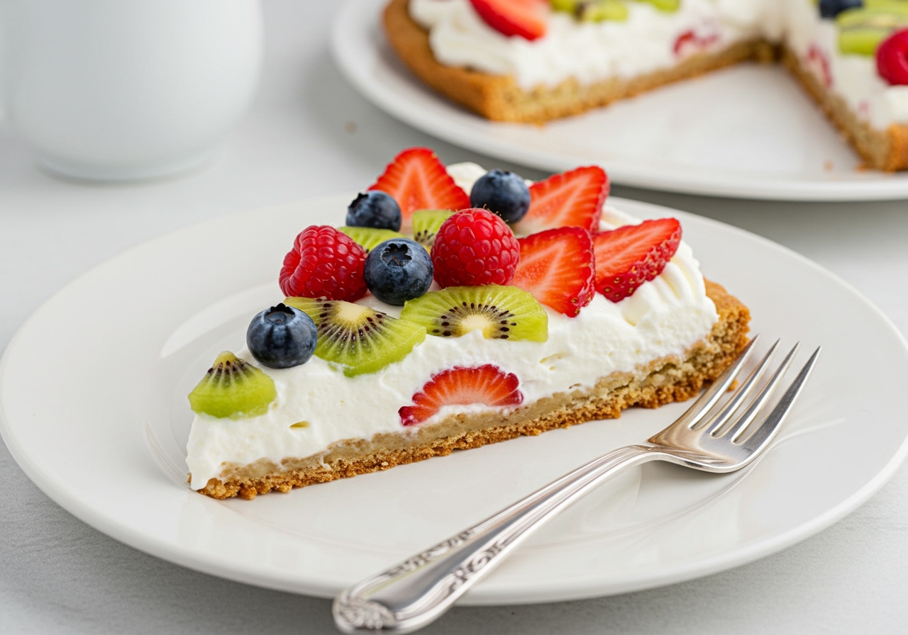 A beautifully arranged dessert pizza slice on a white plate, showcasing layers of golden cookie crust, creamy white frosting, and vibrant fresh fruit. A fork is beside it.