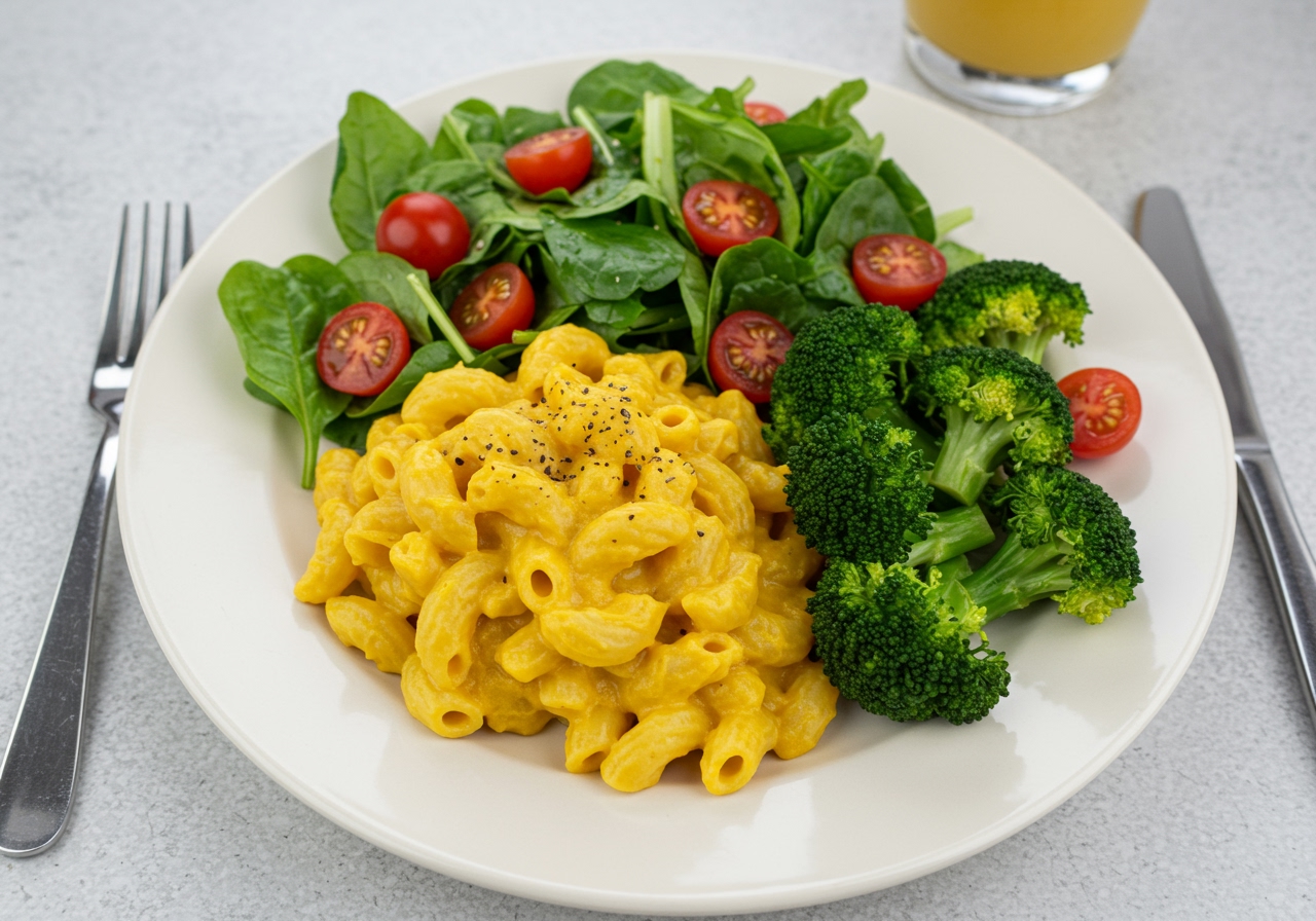 A beautifully arranged dinner plate featuring a serving of healthy vegan pumpkin mac and cheese, alongside a fresh green salad with cherry tomatoes and a side of roasted broccoli florets.