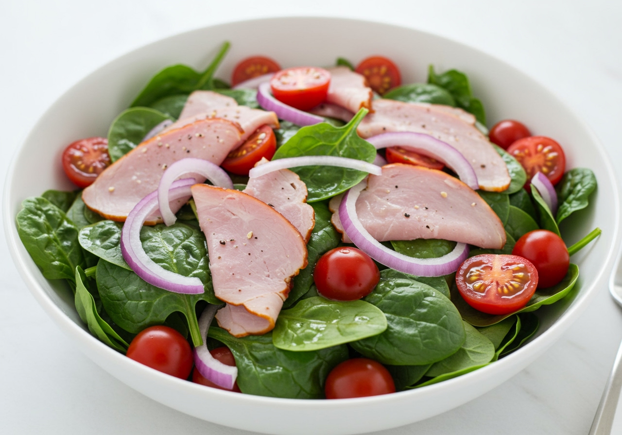 A beautifully arranged Easy Spring Ham and Spinach Salad in a large white bowl, with vibrant green spinach, thinly sliced ham, halved cherry tomatoes, and sliced red onions, all glistening with a light vinaigrette. Bright, natural light illuminates the fresh ingredients.