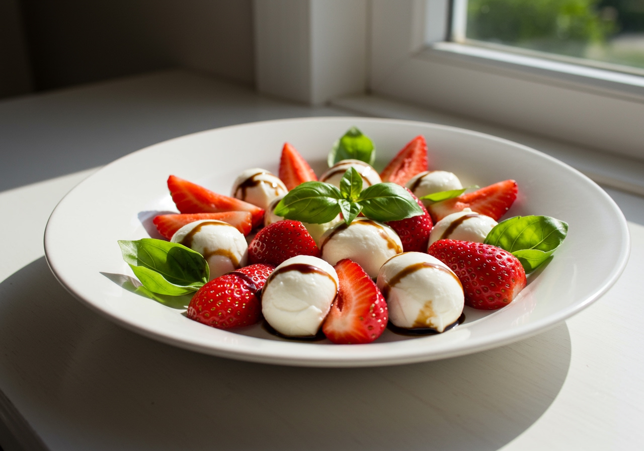 A beautifully arranged fruit caprese salad with strawberries, mozzarella balls, and basil leaves, drizzled with balsamic glaze.