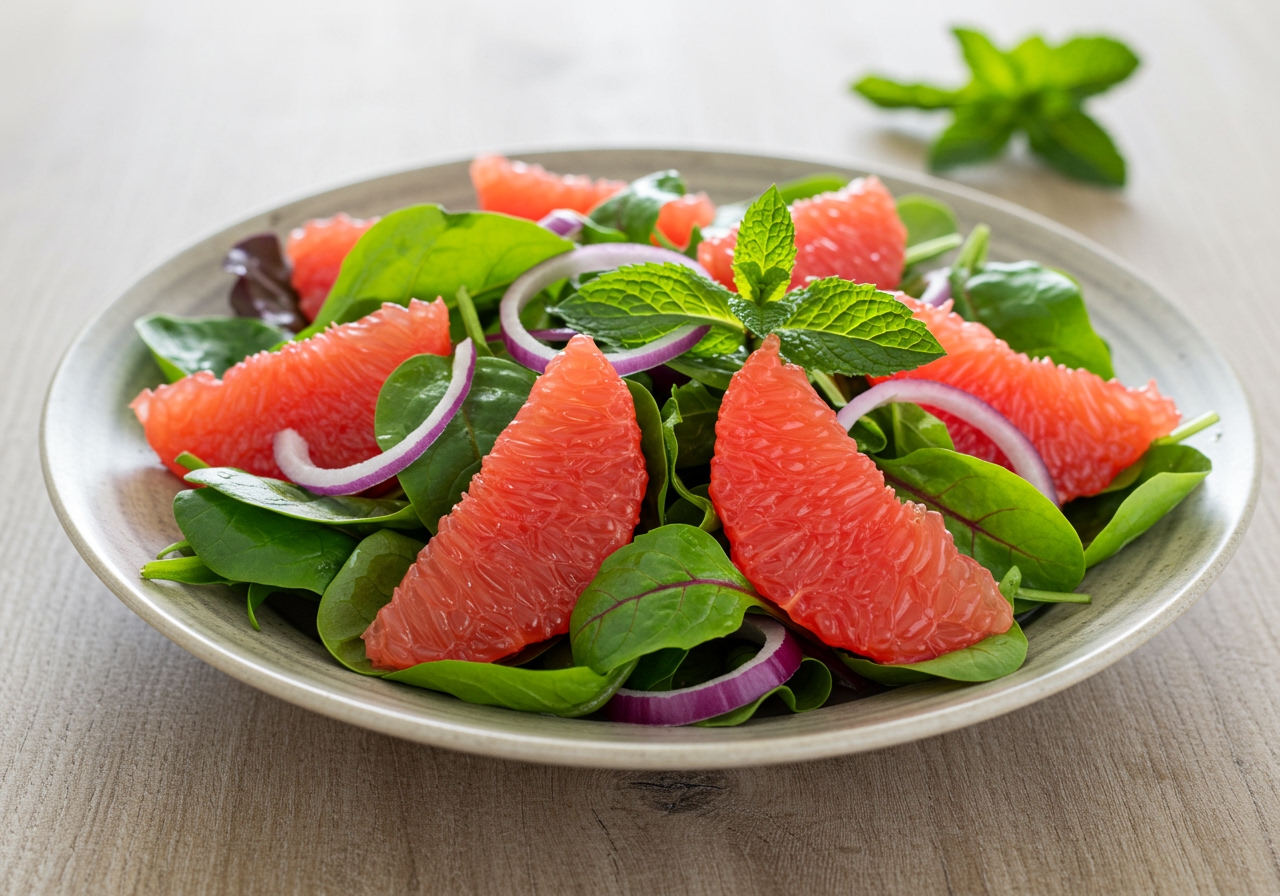 A beautifully arranged grapefruit salad with mixed greens, red onion, and fresh mint leaves, showcasing the vibrant colors and textures.