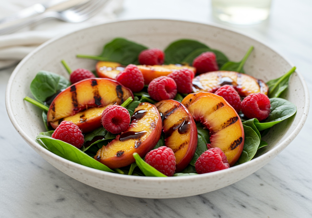 A beautifully arranged grilled peach and raspberry salad with spinach, drizzled with vinaigrette, in a nice bowl.