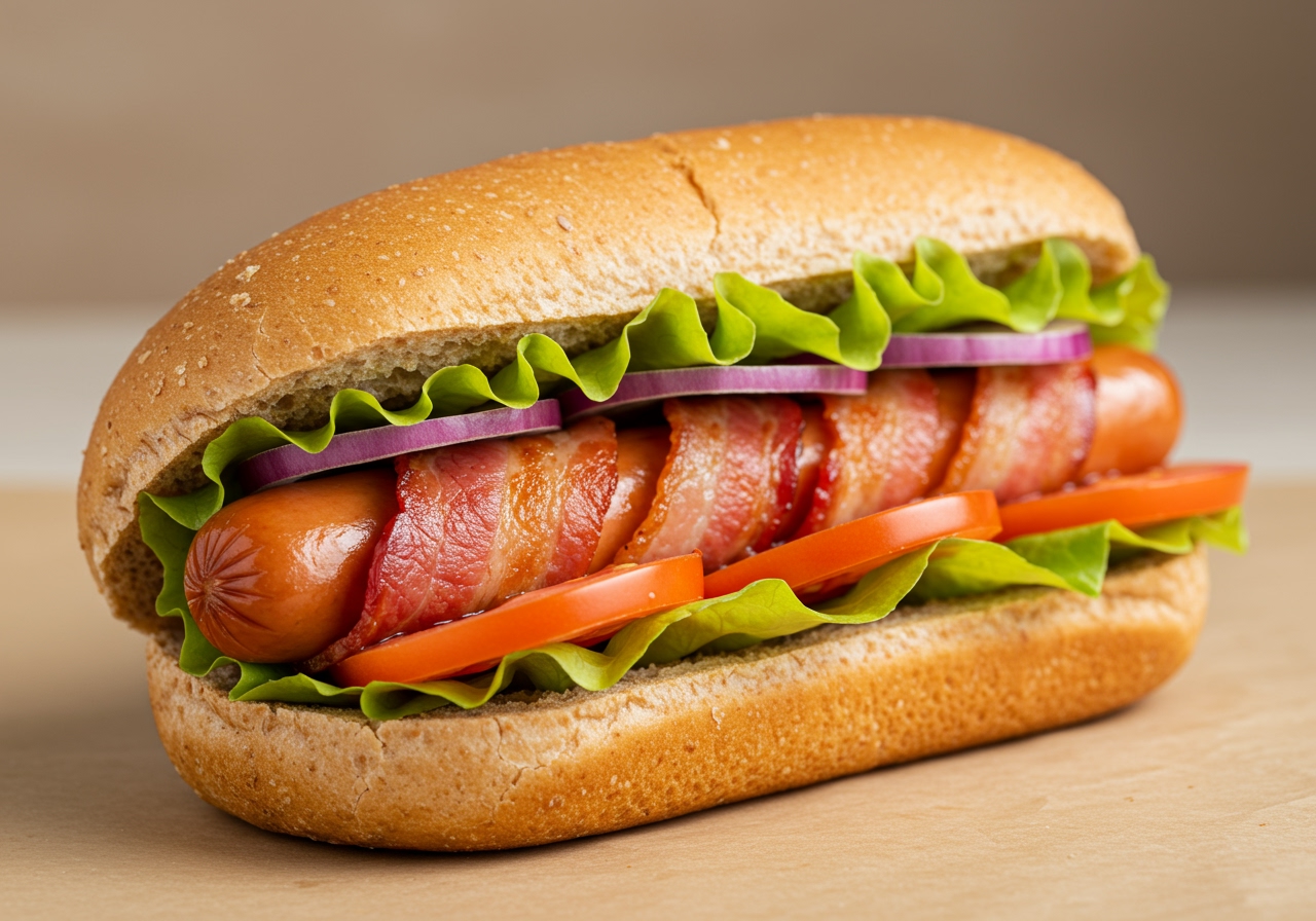 A beautifully arranged healthy bacon-wrapped hot dog on a whole wheat bun with fresh vegetable toppings.