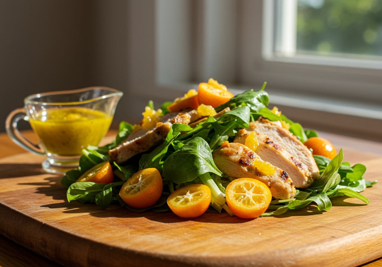 A beautifully arranged healthy kumquat salad with grilled chicken and a citrus vinaigrette.