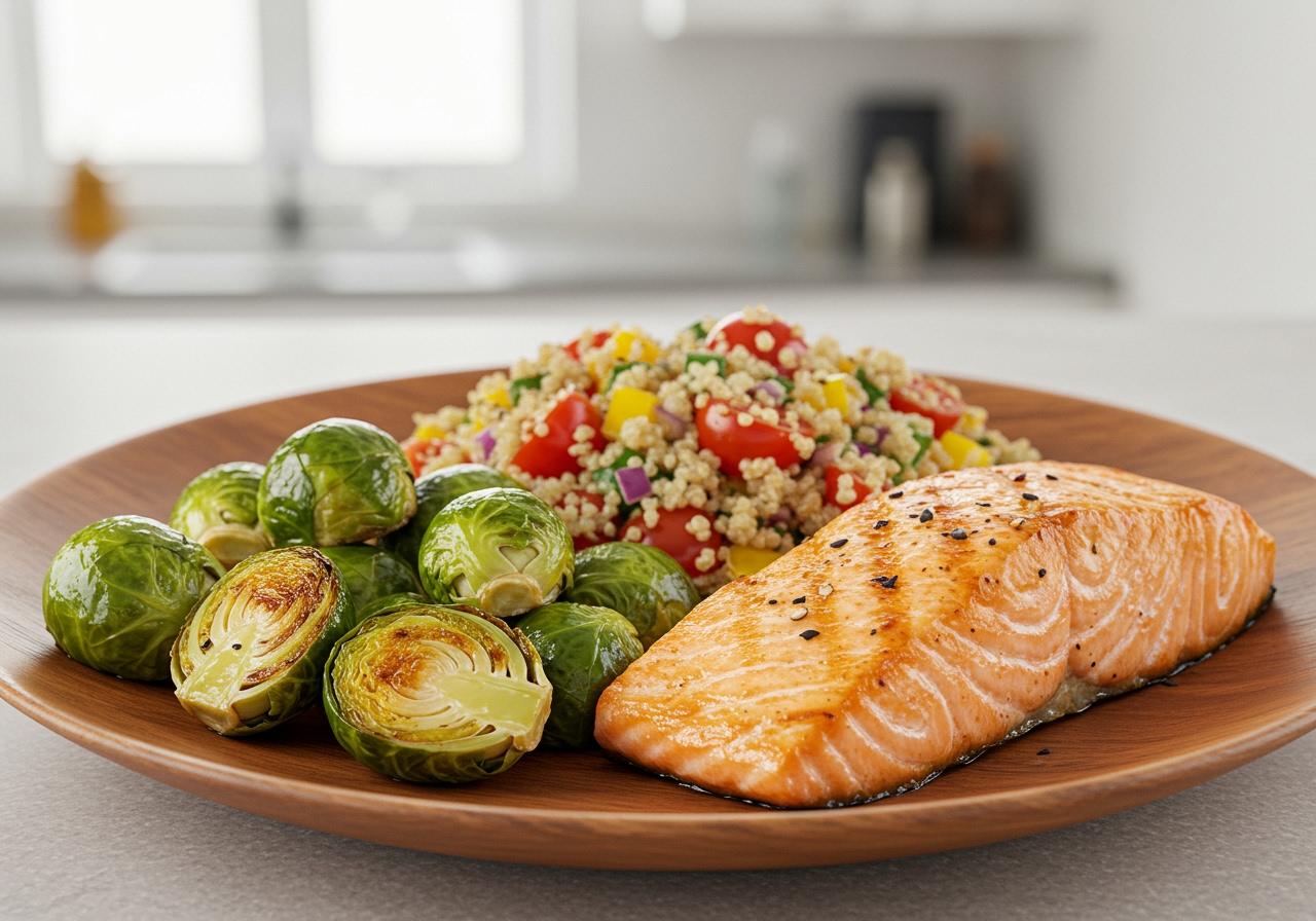 A beautifully arranged healthy meal plate featuring marinated Brussels sprouts as a side dish alongside a main course of grilled salmon and quinoa salad.