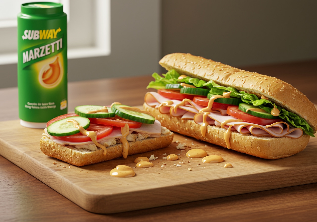 A beautifully arranged homemade sandwich on a cutting board, prominently featuring fresh vegetables, sliced turkey or chicken, and a generous drizzle of Subway's Marzetti sauce. Sunlight streams in from a window.