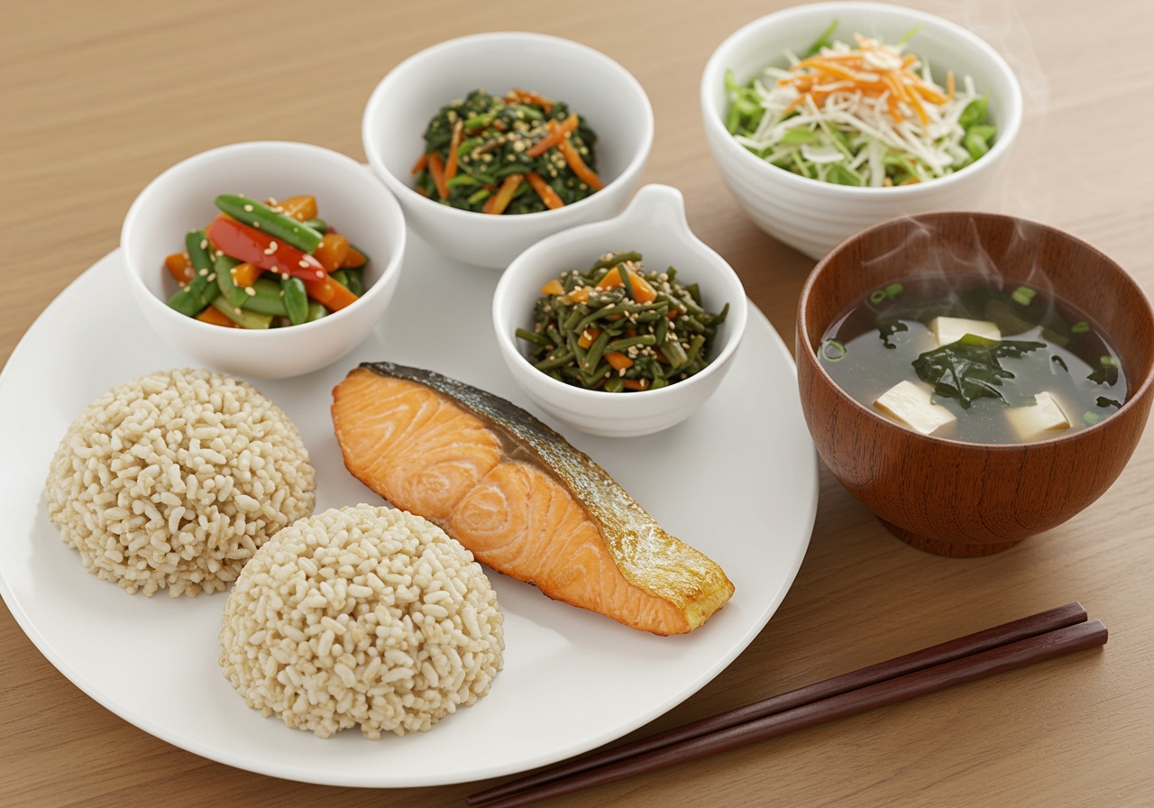 A beautifully arranged Japanese dinner plate featuring grilled fish, a small bowl of miso soup, two colorful vegetable side dishes, and a portion of brown rice.