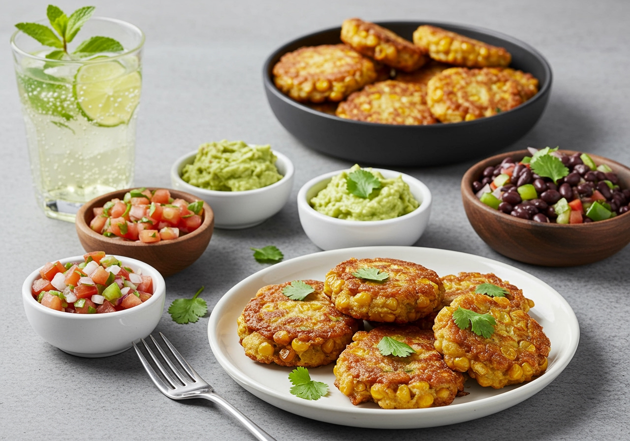A beautifully arranged meal featuring air-fried Mexican street corn fritters as the main dish, surrounded by small bowls of fresh salsa, guacamole, and a vibrant black bean salad. A glass of lime-mint soda or a Mexican beer is visible in the background, completing the inviting and healthy culinary scene.