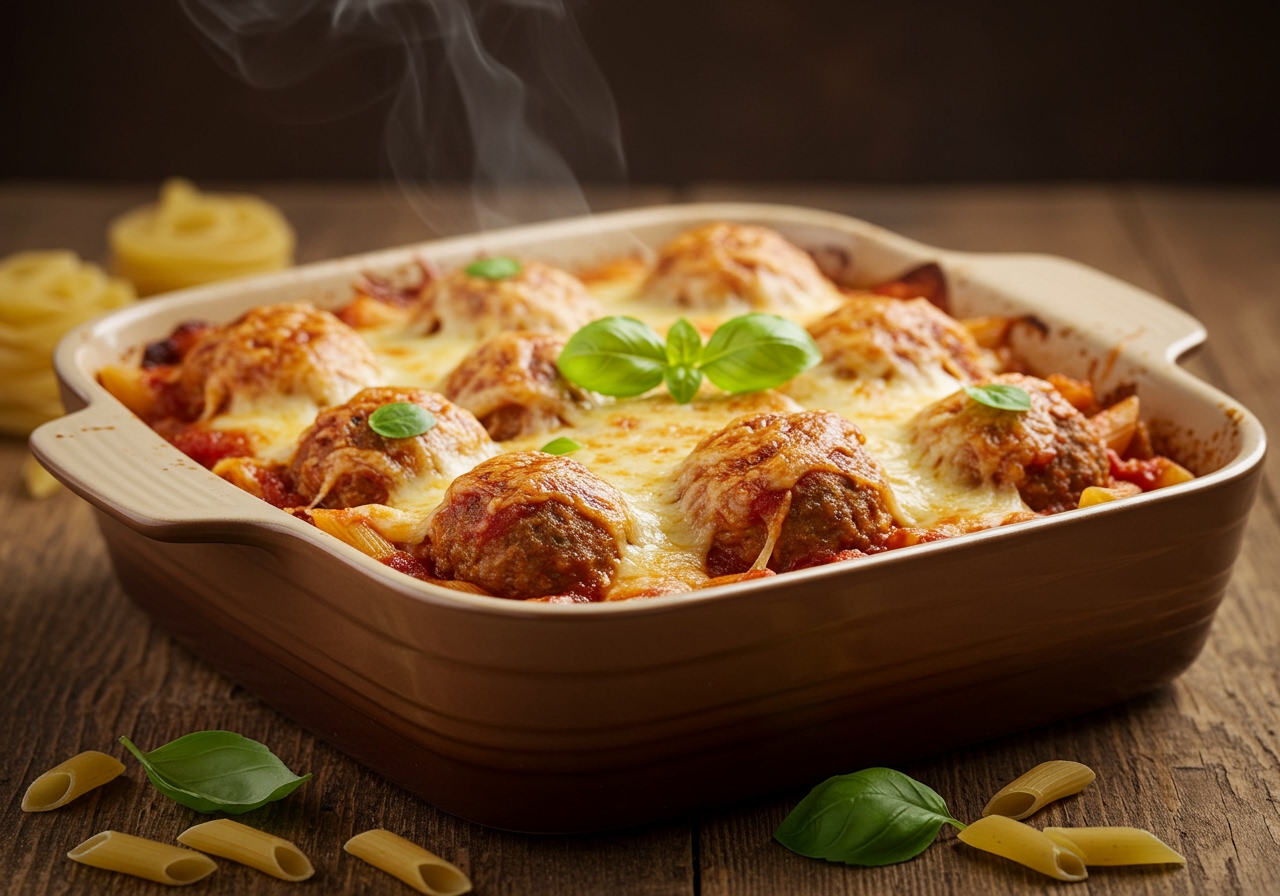 A beautifully arranged meatball pasta bake, golden brown cheese melted on top, steaming gently, with fresh basil garnish on a rustic wooden table.