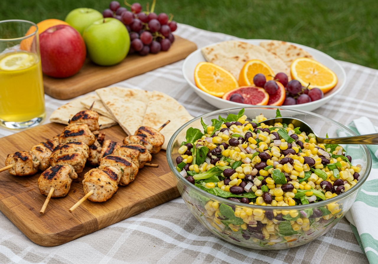 A beautifully arranged outdoor picnic scene featuring the healthy corn and black bean salad alongside grilled chicken skewers, pita bread, and fresh fruit, suggesting it as a perfect summer meal component.