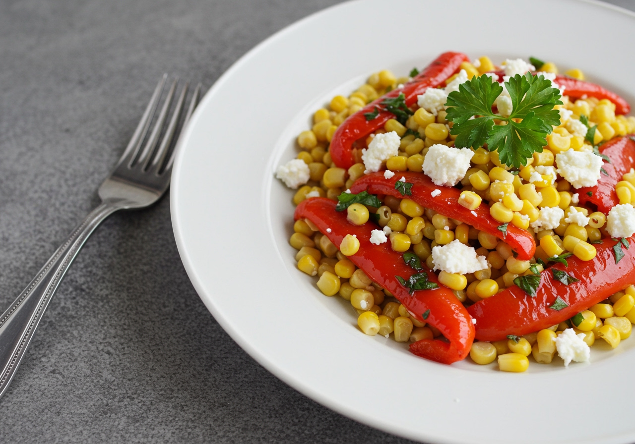 A beautifully arranged plate featuring the corn and roasted red pepper salad, garnished with crumbled feta cheese and fresh parsley.