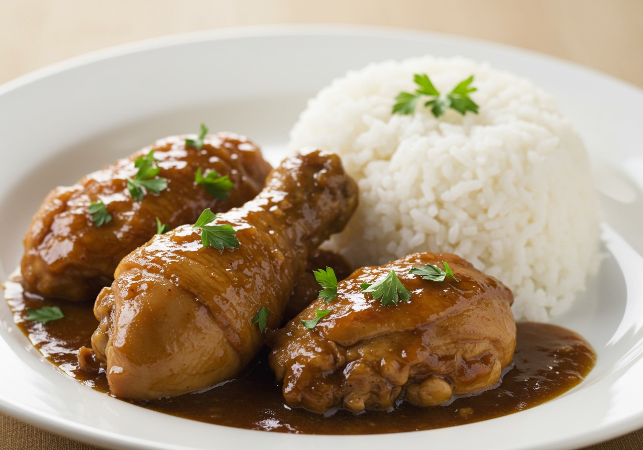 A beautifully arranged plate of Chicken Adobo with steaming rice, garnished with fresh parsley or scallions, showcasing the rich brown sauce and tender chicken pieces.