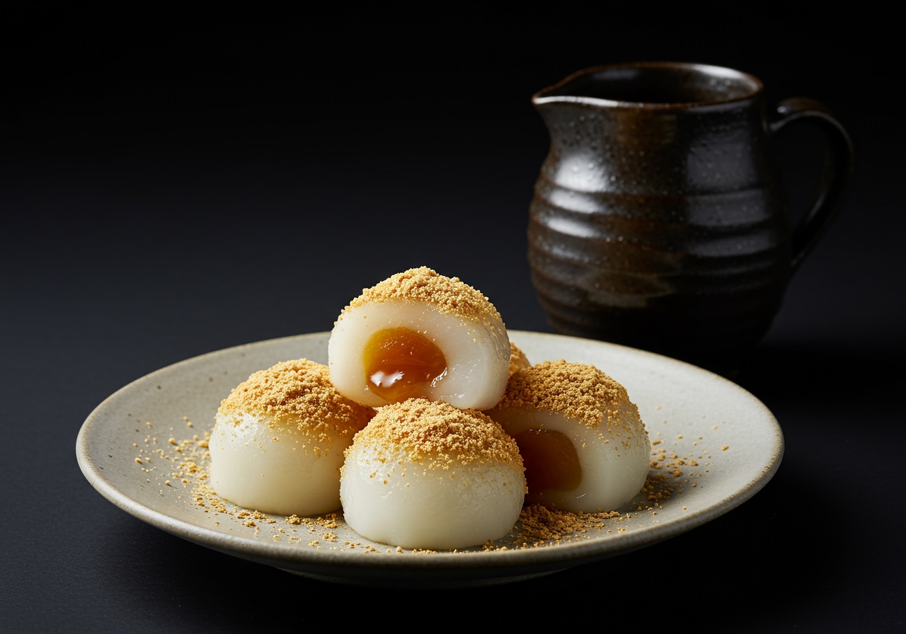A beautifully arranged plate of chilled warabi mochi with ample kinako and a small jug of kuromitsu beside it.