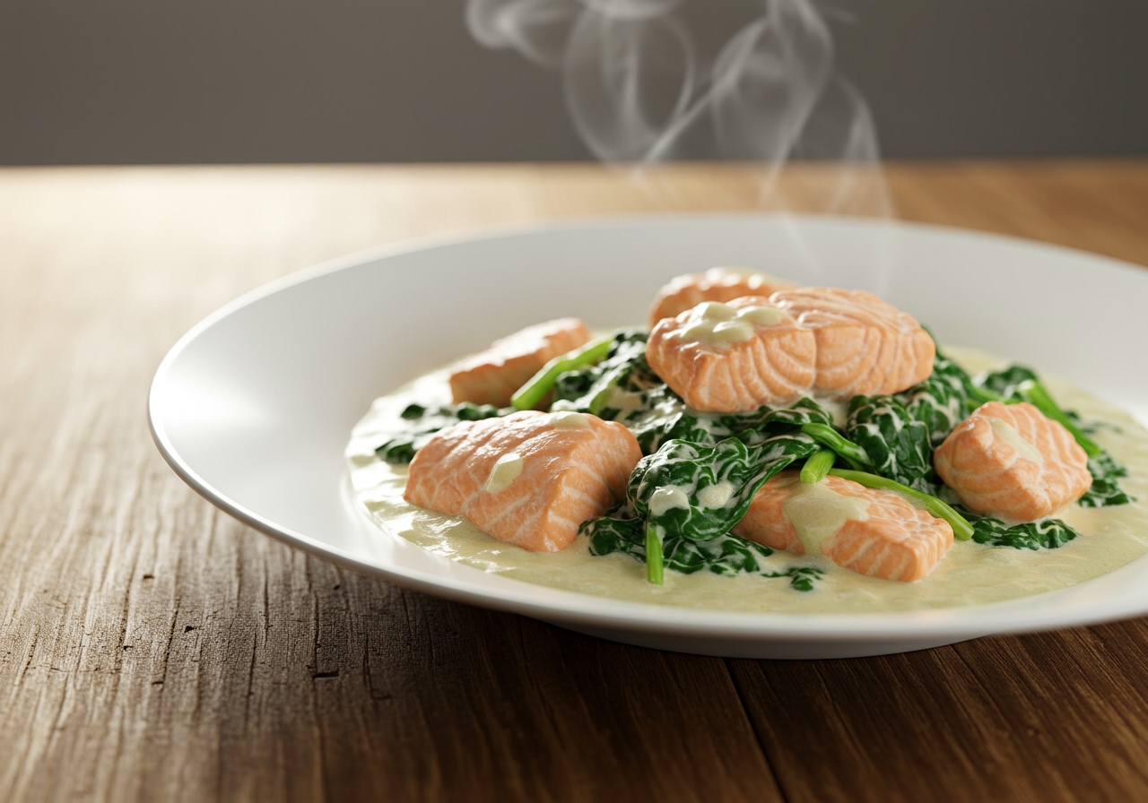 A beautifully arranged plate of creamy salmon and spinach stew, with steam gently rising, placed on a rustic wooden table. Natural lighting.